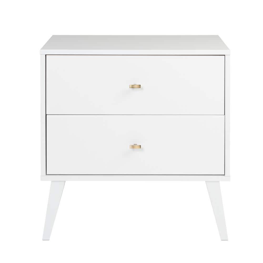 Mid Century Modern 2 Drawer Wide Nightstand White - Prepac: Sleek Bedside Table, Tapered Legs