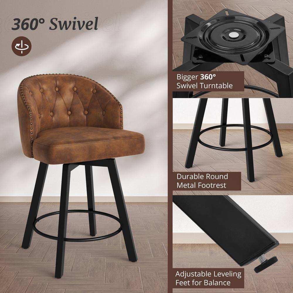 Dycanpo 26" Tall Counter Height Bar Stools Set of 4 with Back Faux Leather for Home Kitchen, Brown