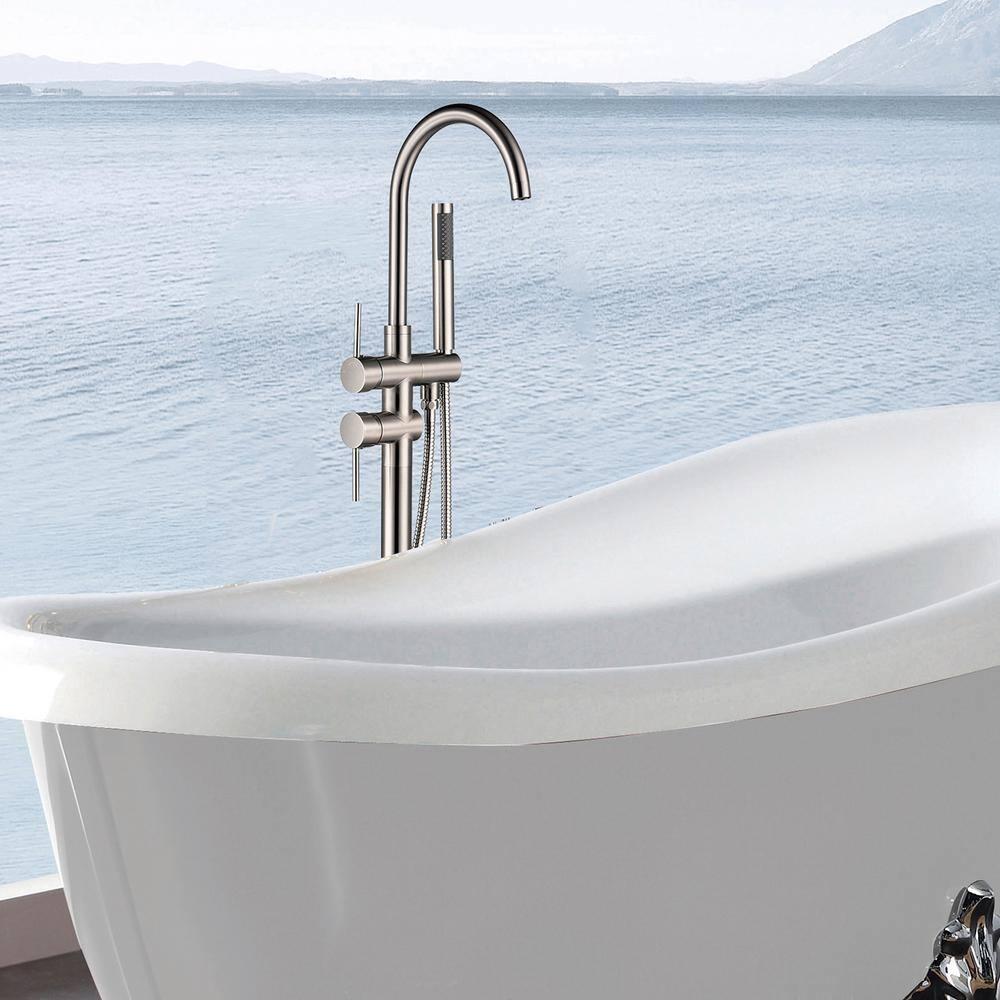 Double Handle Floor Mounted Freestanding Tub Filler With Handshower