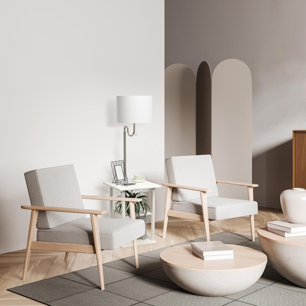 57 in. Modern 2 Tier End Table & White Drum Fabric Shade Floor Lamp with 2 x USB Charging Ports & Power Outlet, White