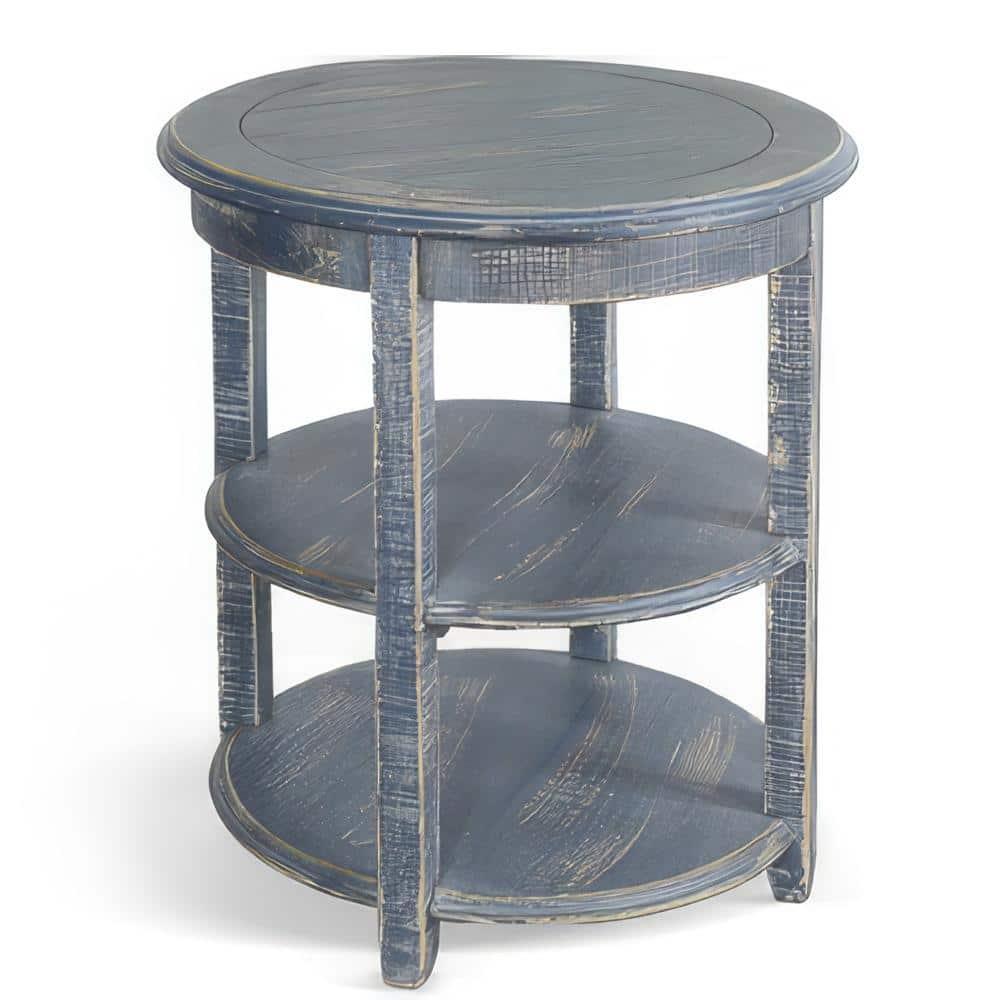 Benjara Rena Side End Table, Scallop Trim, 28 Inch Distressed Blue Mahogany