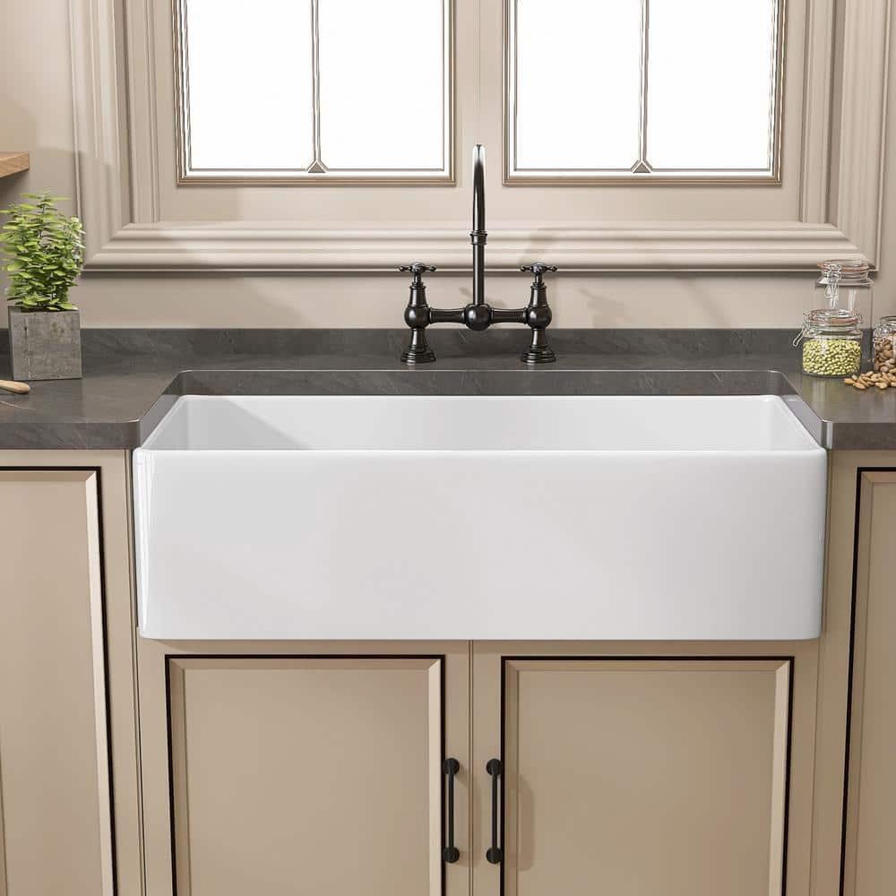 Pure 33 in. Workstation White Kitchen Sink Apron Front Fireclay Farmhouse Sink Single Bowl with Accessory Kit