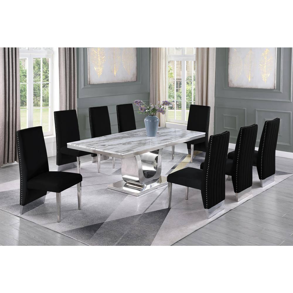 Silver Stainless Steel 9 Piece Dining Set with Marble Table and Black Chairs