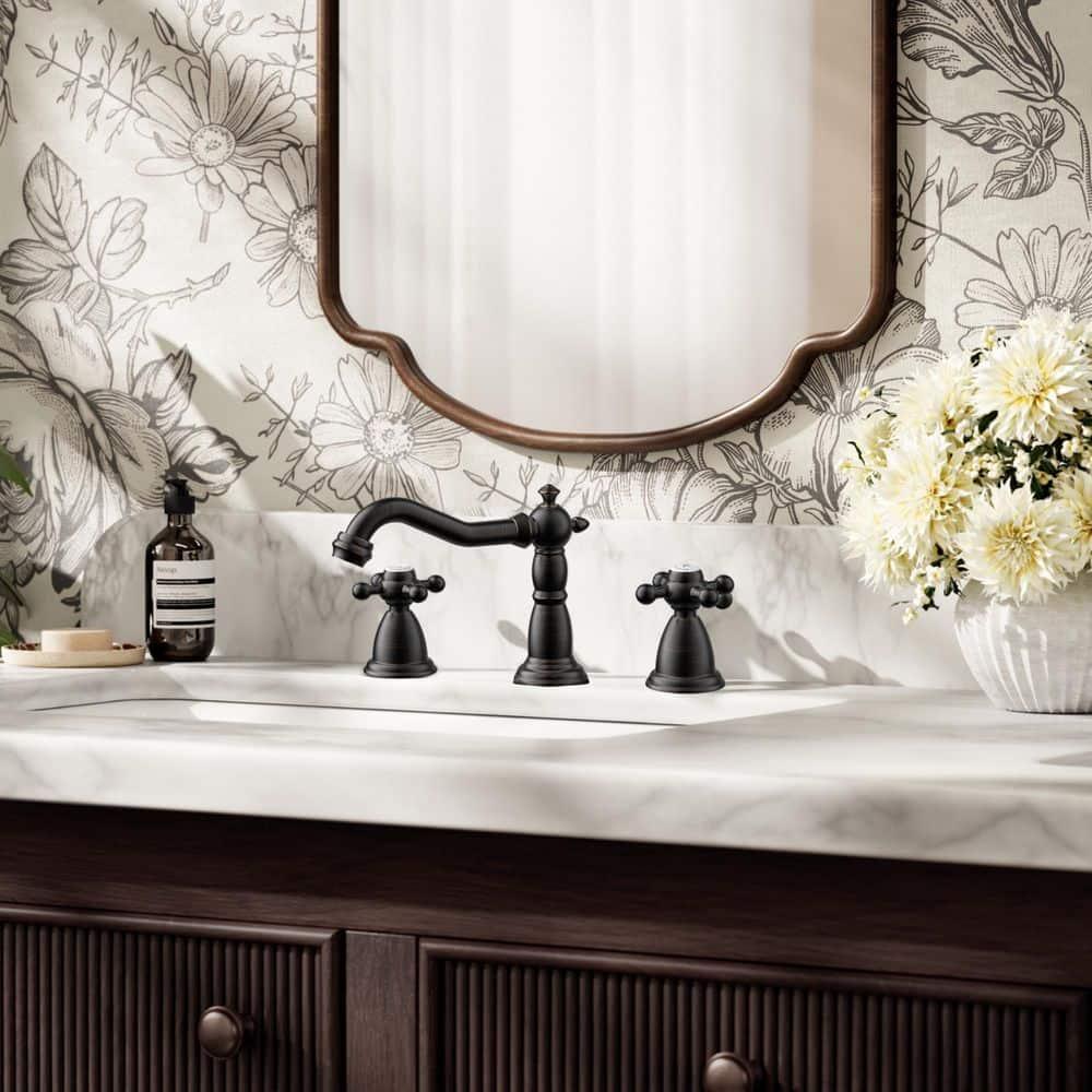 FORIOUS Vintage 3 Hole Bathroom Faucets Oil Rubbed Bronze, 2 Handle 8 Inch Widespread Antique Faucet for Bathroom Vanity RV Farmhosue Sink with Metal Pop Up Drain and Supply Lines