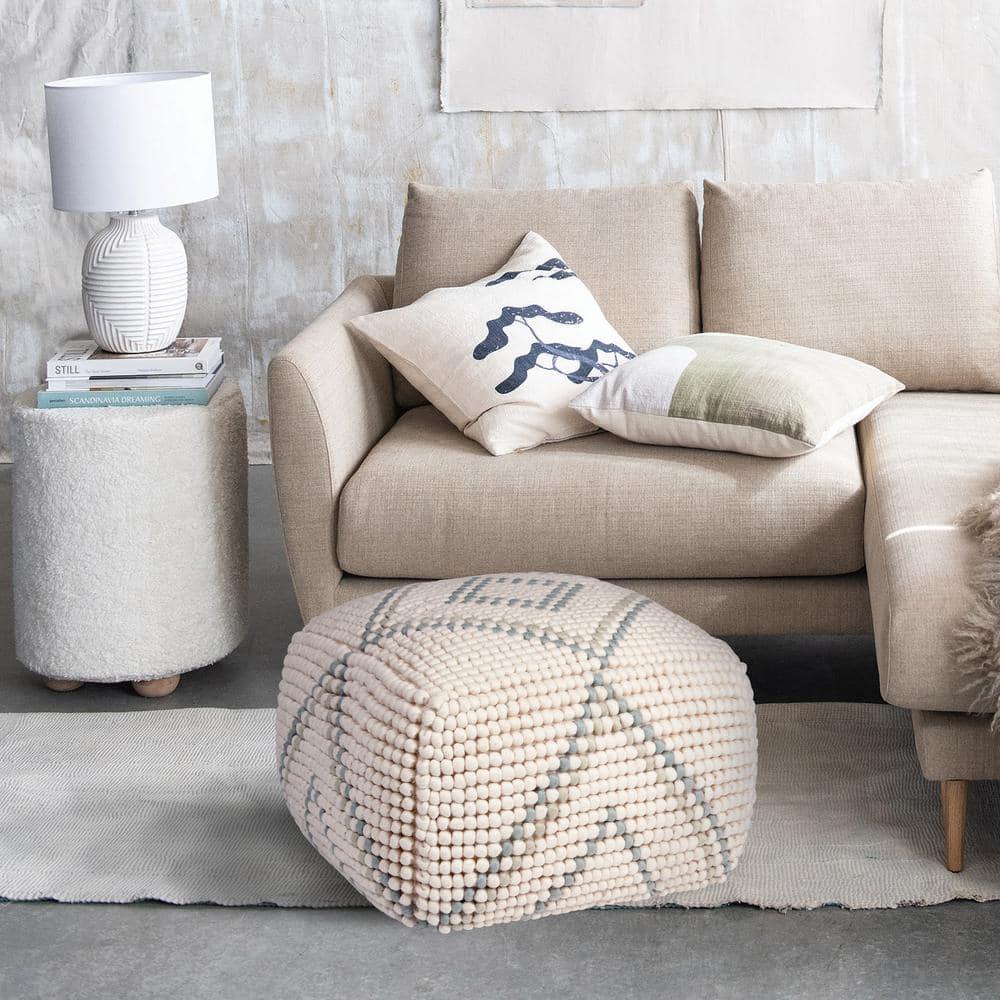 Creative Co-Op Cream New Zealand Pouf with Blue & Green Accents