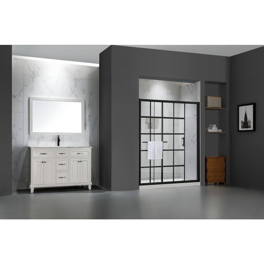 56-60" W x 72" H Framed Grid Pattern Single Sliding Shower Door with 1/4" (6mm) Clear SGCC Tempered Glass in Matte Black Finish, Reversible Installation