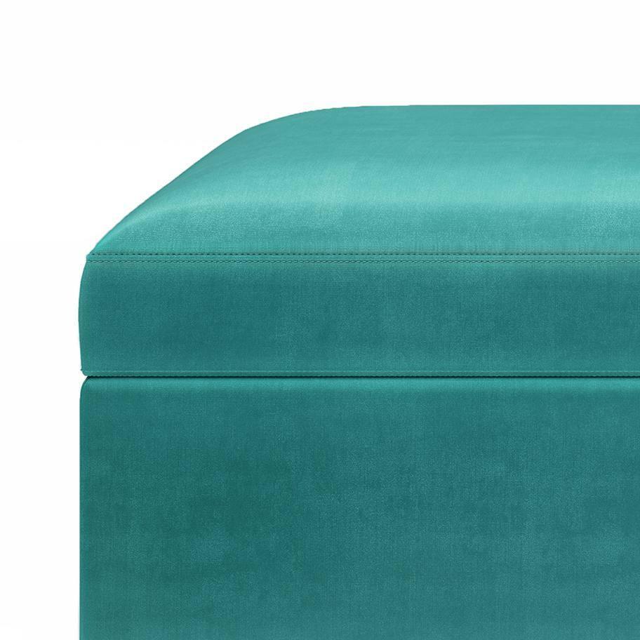 Simpli Home Owen 36 inch Wide Mid Century Modern Rectangle Small Rectangular Storage Ottoman in Aqua Blue Velvet Fabric