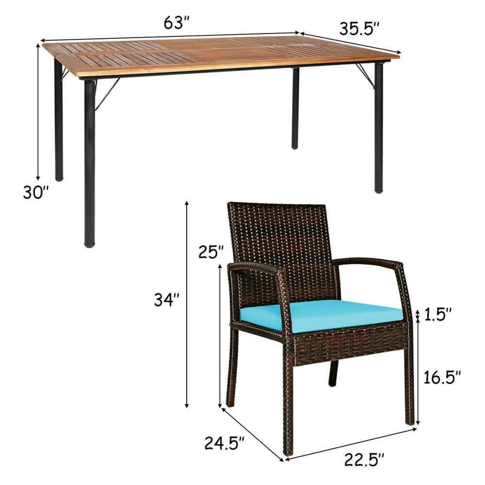 Costway 7PCS Patio Rattan Dining Chair Table Set with Cushion Umbrella Hole Turquoise