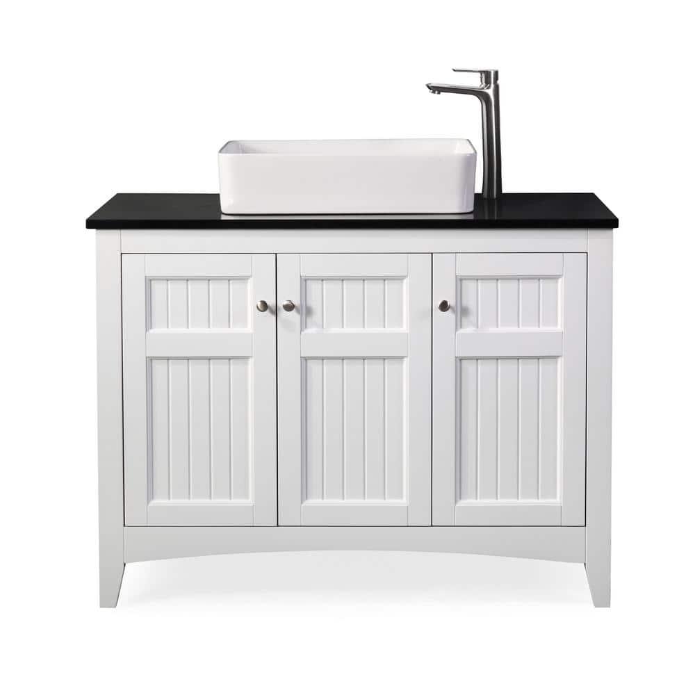 Benton Collection 42" Triadsville White Vanity with Black Granite Top, Vessel Style Bathroom Sink, Soft-Closing Doors, Full Extension Drawer, Brushed Nickel Hardware