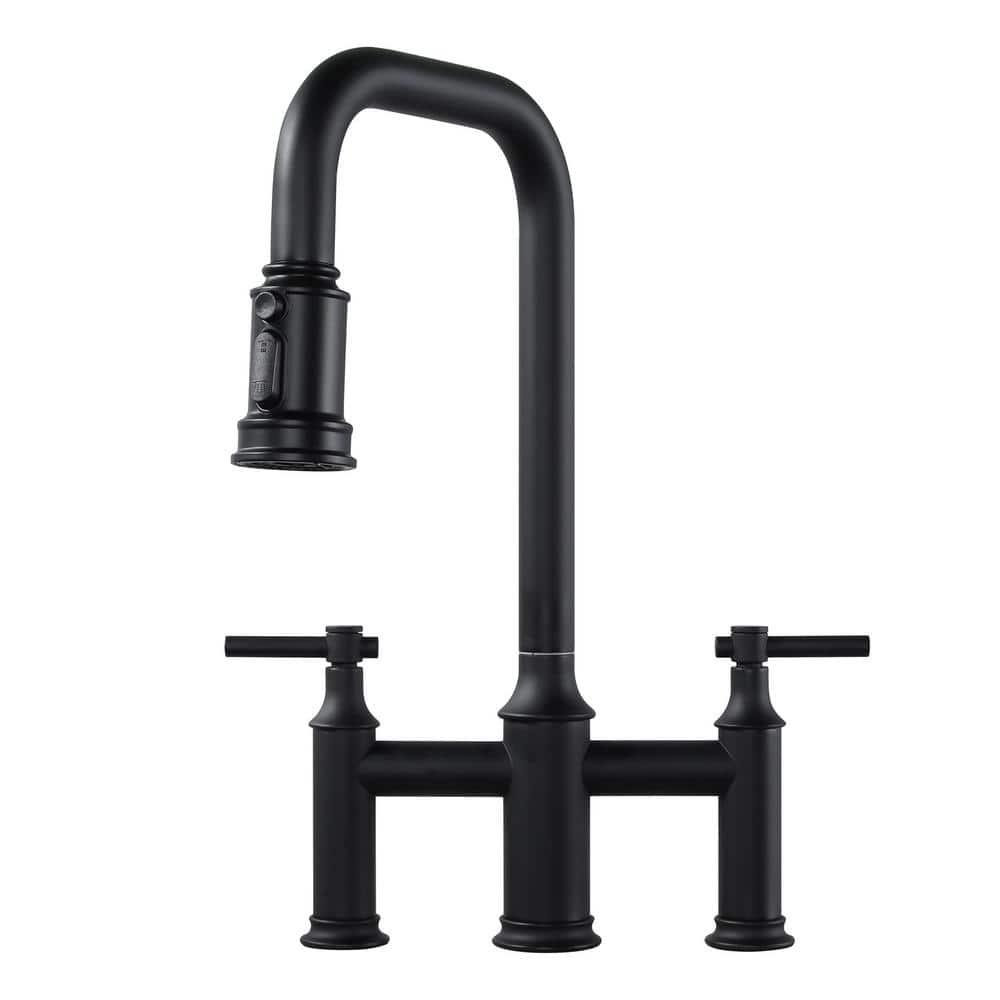 WOWOW 2318901B Bridge-Style Kitchen Faucet With Dual Handles And A Pull-Down Spray Head, Designed For Installation On A 3-Hole Kitchen Sink