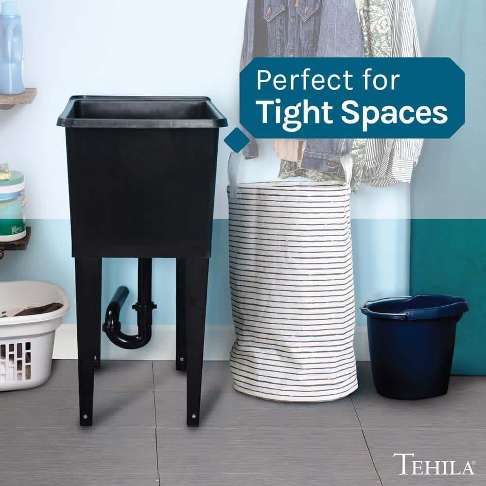 TEHILA Space Saver 16 Gallon Black Utility Sink with Black Steel Legs