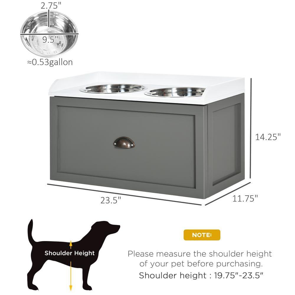 PawHut Dog Feeding Station with Storage Drawer, Dog Food Storage Cabinet w/ Removable Elevated Dog Bowls for Large Sized Dogs, Gray