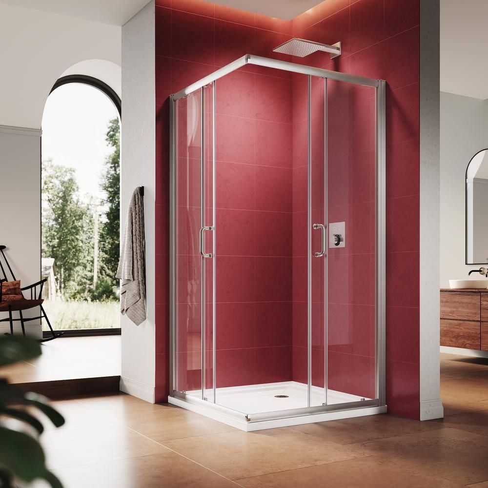 ELEGANT Corner Shower Enclosure Sliding Door 34'' D x 34'' W x 72'' H Double Sliding Shower Doors 1/4 in.Clear Glass French Corner Enclosure,Brushed Nickel (Shower Base No Included)