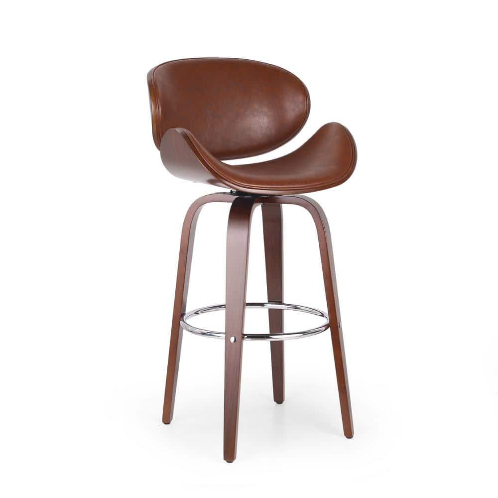 Noble House Cordele Indoor Upholstered Swivel Barstool, Cognac Brown and Walnut