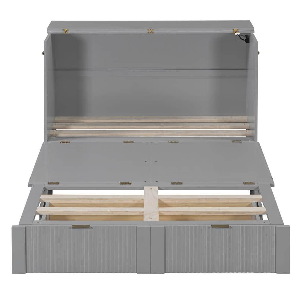 Gray Wood Frame Full Size Murphy Bed with A Spacious Drawer, USB Ports and Sockets, Pulley Structure Design