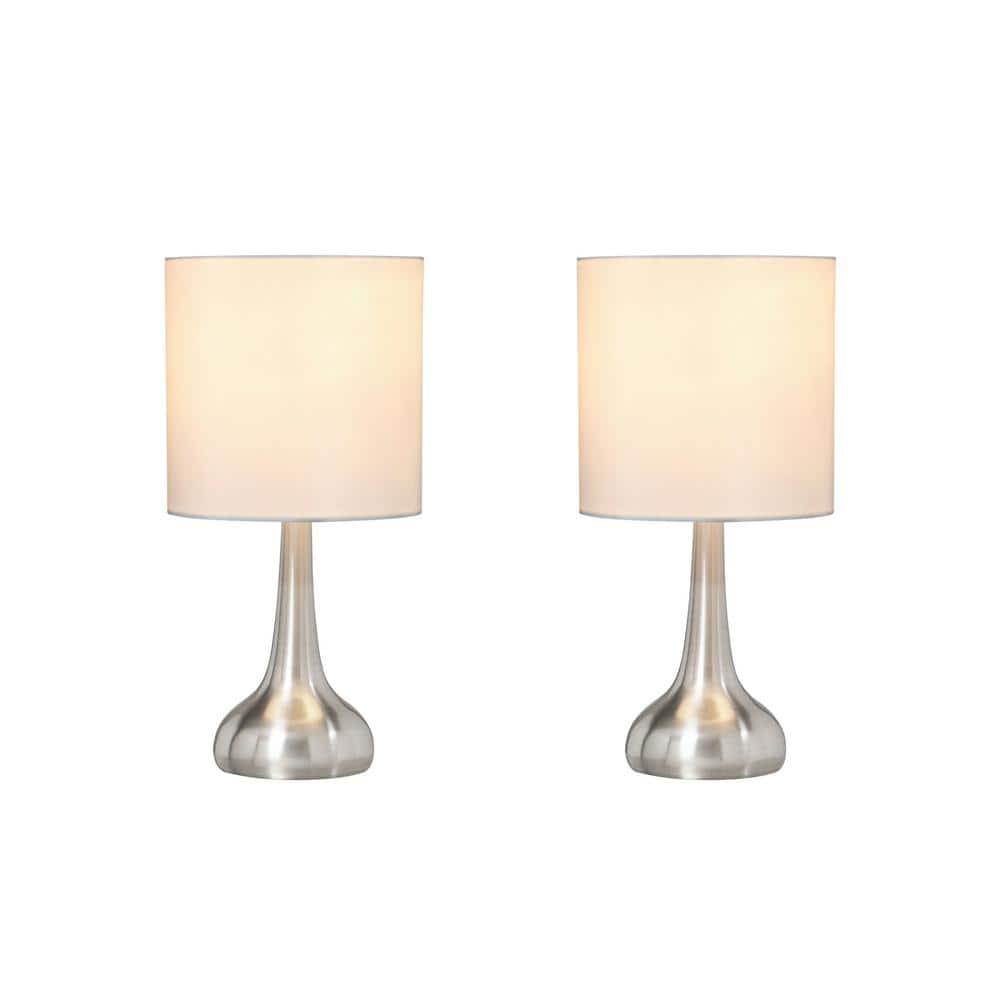 Aspen Creative 40231-12, Two Pack - 14-1/2" High Transitional Metal Table Lamp, Satin Nickel Finish and Drum Shaped Lamp Shade in Off White, 7" Wide