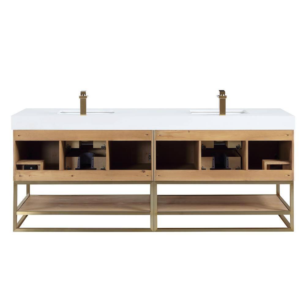 Bianco 84" Wood Vanity in Light Brown with  Composite Stone Top without Mirror