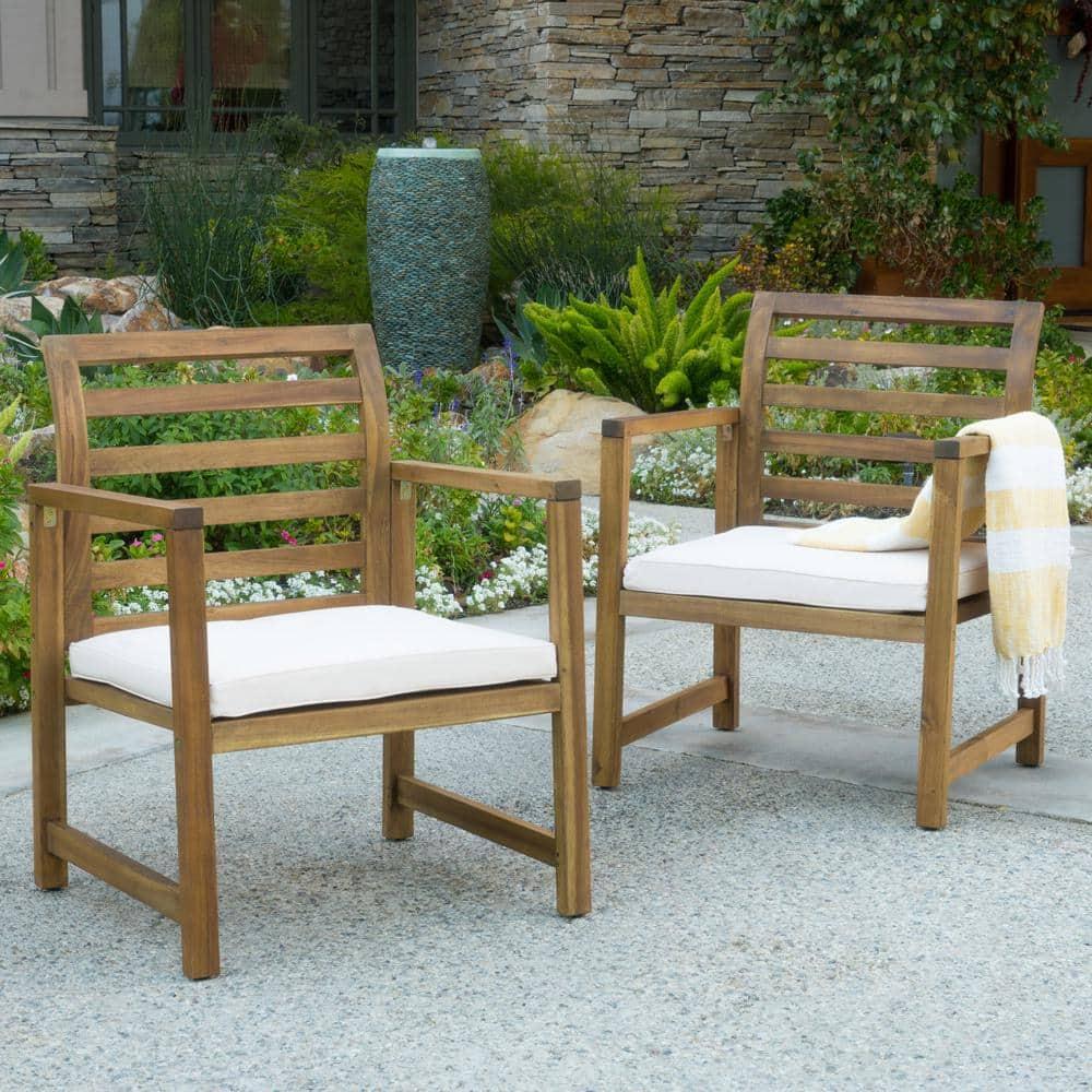 Natural Acacia Wood Lounge Chairs with White Cushions, Set of 2