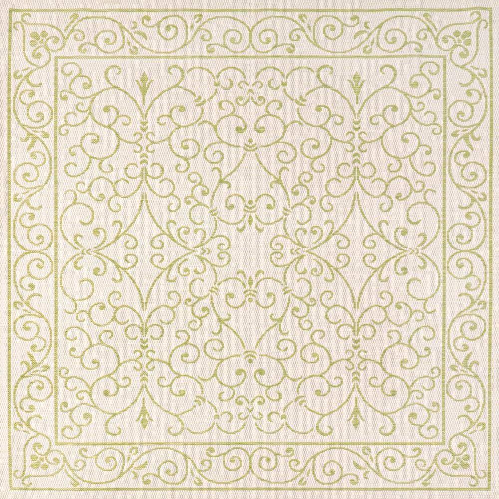 5' x 5' Charleston Vintage Filigree Textured Weave Indoor/Outdoor Area Rug, Cream/Green - JONATHAN Y