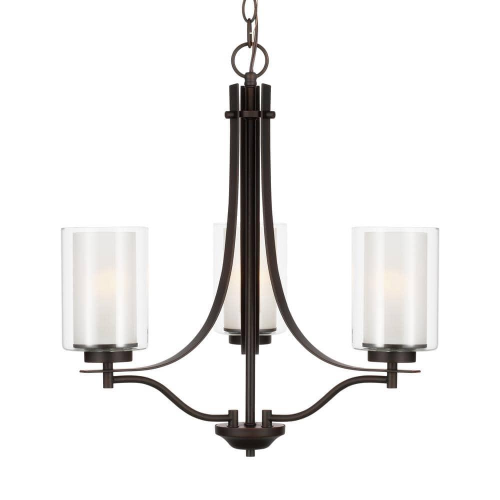 Elmwood Park 3-Light Bronze Modern Transitional Hanging Candlestick Chandelier with Satin Etched Glass Shades