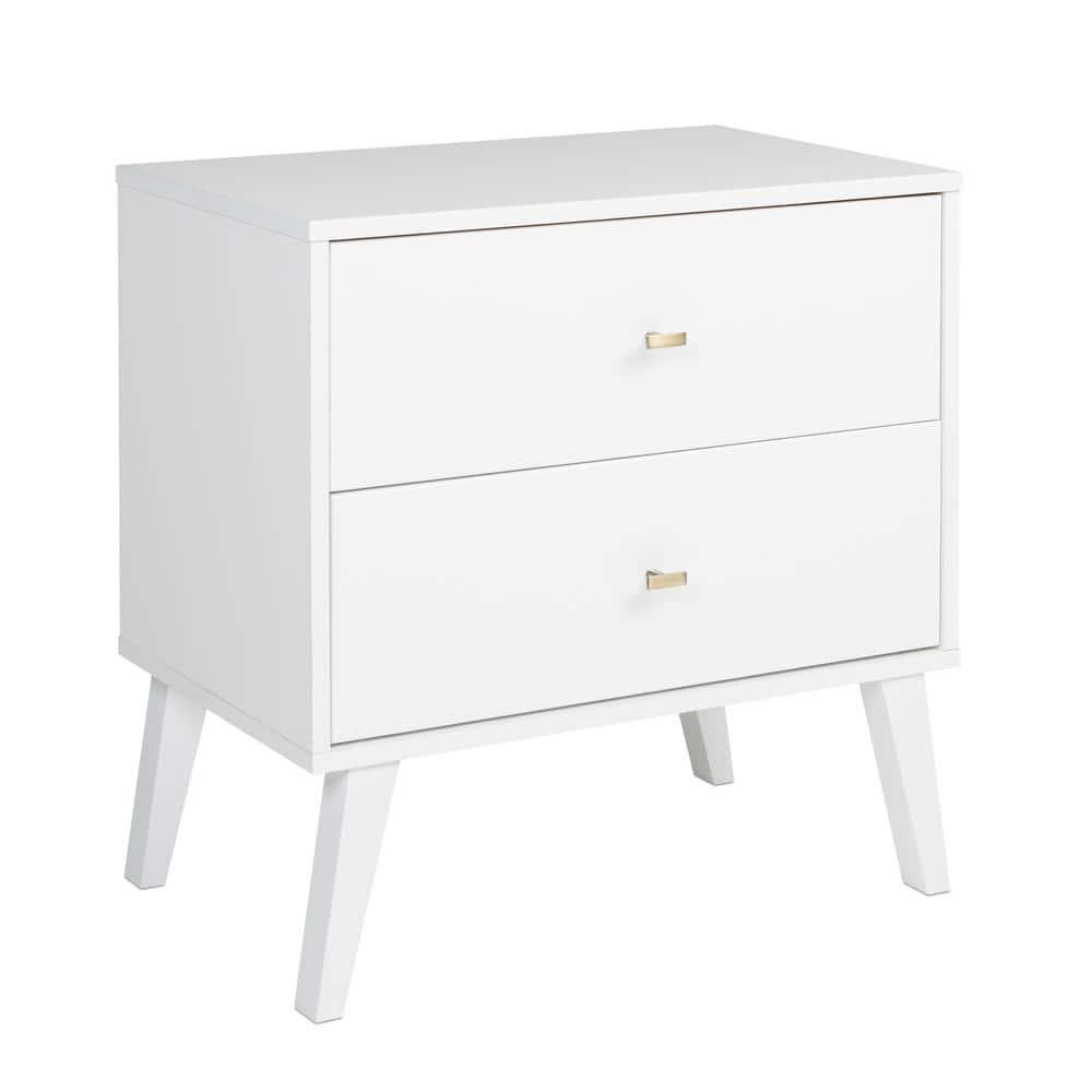 Mid Century Modern 2 Drawer Wide Nightstand White - Prepac: Sleek Bedside Table, Tapered Legs