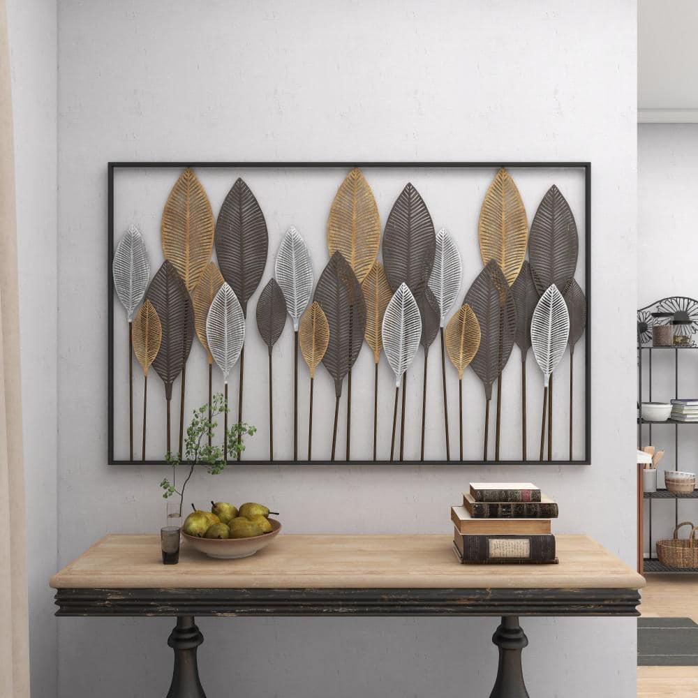 DecMode Bronze Metal Tall Cut-Out Leaf Wall Decor with Intricate Laser Cut Designs