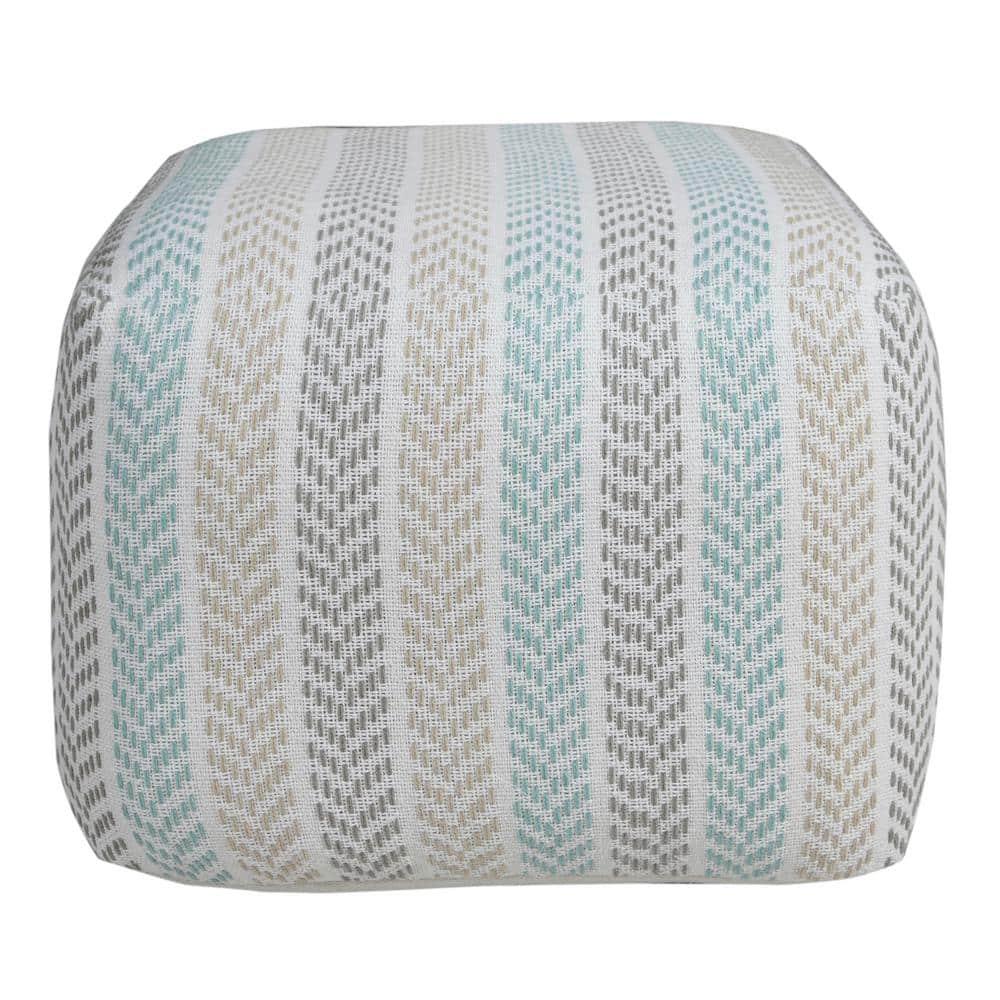 LR Home Small Chevron Indoor Square Pouf, Beige/Turquoise, 18" x 18" x 14"