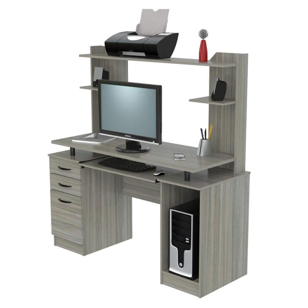 Computer Workcentre With Hutch Smoke Oak - Inval: Modern Laminate Writing Desk, MDF Frame, Open Shelf Storage