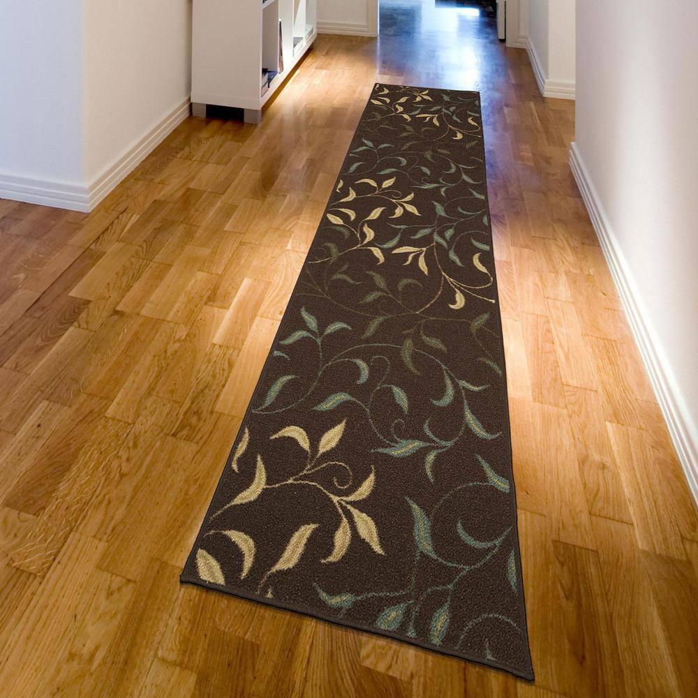 Ottohome Non-Slip Leaves Area Rug For Living Room, Hallway Runner, Entryway Rug, Brown