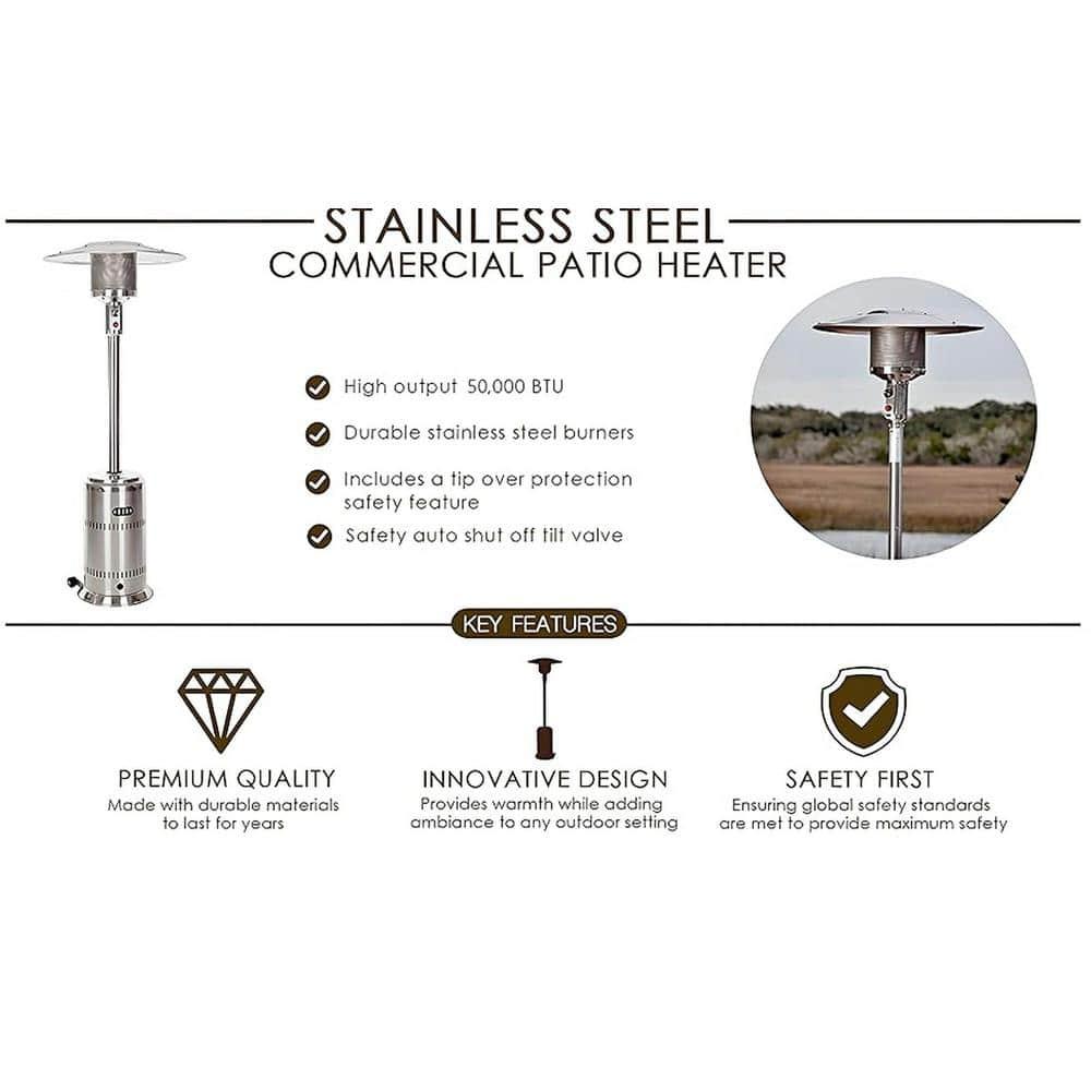 Fire Sense Fire Sense Performance Series Patio Heater with Wheels 50,000 BTU Output-Unpainted Stainless Steel
