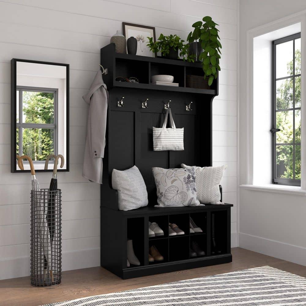 Bowery Hill 40" Engineered Wood Hall Tree and Shoe Bench w/ Shelves in Black Oak