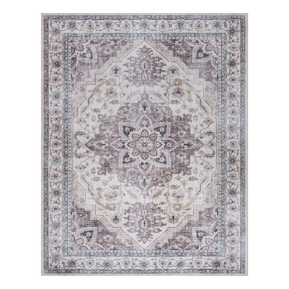Gertmenian Crystal Print Tiefi Gray Ivory Multi Traditional Medallion Washable Flat Pile Indoor Area Rug