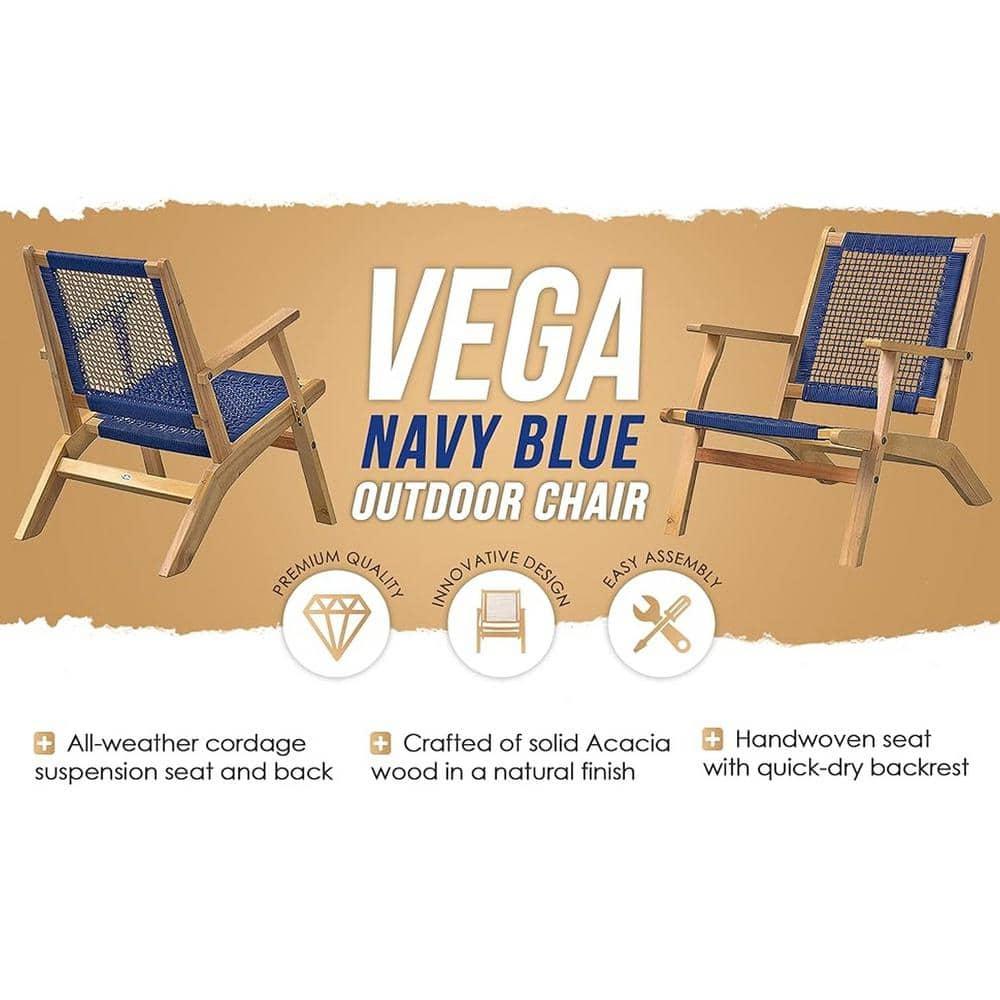 Balkene Home Patio Sense Vega Natural Stain Chair ,Acacia Wood Construction ,Woven Web Seat- Navy Blue Cording