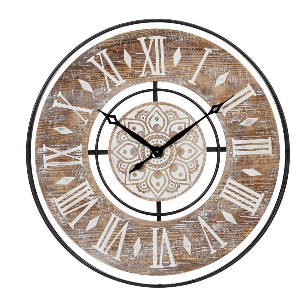 DecMode 34" Brown Metal Floral Wall Clock with Wood Accents