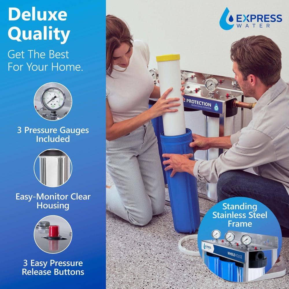 Express Water Whole House Water Filter, 3 Stage Water Filtration, Sediment, Polyphosphate Anti-Scale, Carbon Filters Includes Pressure Gauges, Easy Release, and 1 Inch Connections, 23.5" x 8.5" x 30"