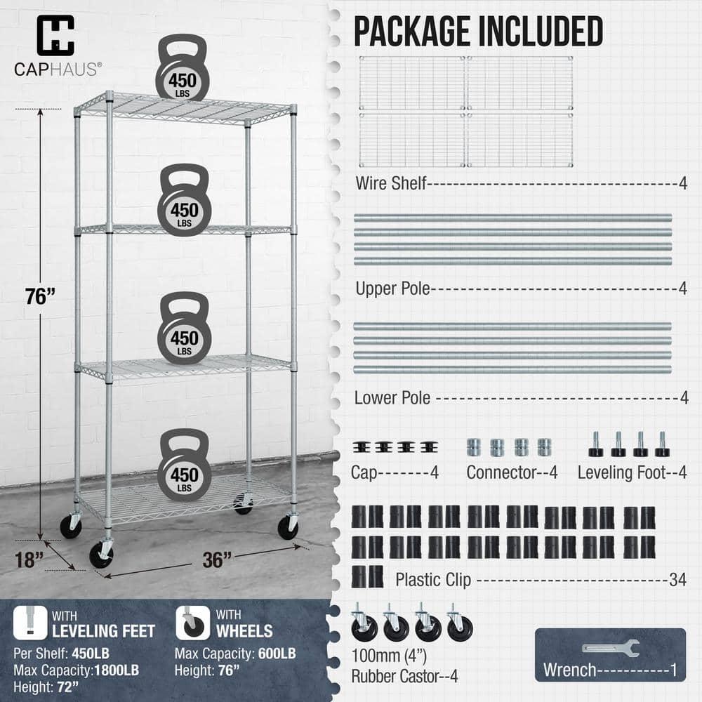 CAPHAUS Heavy Duty NSF Commercial Adjustable Shelves Wire Shelving w/Wheels & Feet, Kitchen Storage Metal Shelf, Garage Storage Shelving, Utility Wire Rack Storage Unit, Silver Grey 36 x 18, 4-Tier