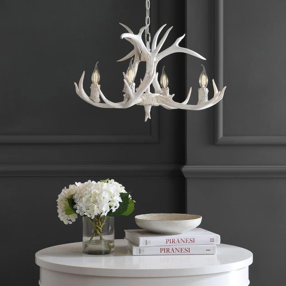 JONATHAN Y JYL6301B Eldora 26" Adjustable Resin Antler 4-Light LED Chandelier, Farmhouse, Glam, Transitional, Rustic, Cottage for living room, dinning room, bedroom, office Bulb Included, White