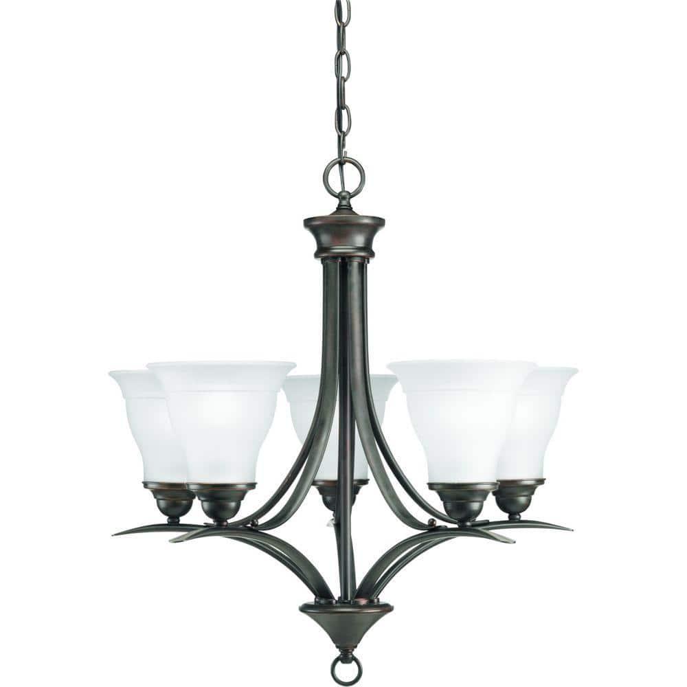 Progress Lighting Trinity 5-Light Chandelier, Steel, Antique Bronze, Etched Glass Shades