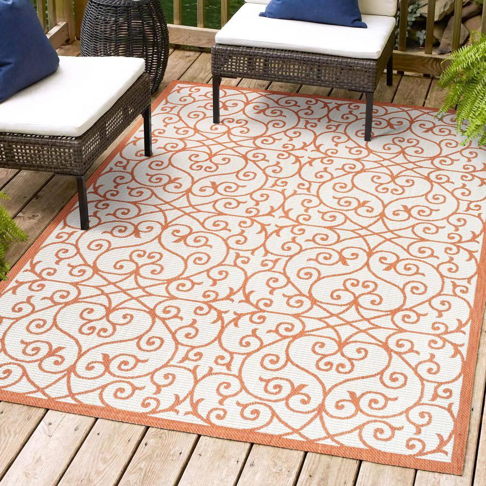 4' x 6' Madrid Vintage Filigree Textured Weave Indoor/Outdoor Area Rug, Cream/Orange - JONATHAN Y