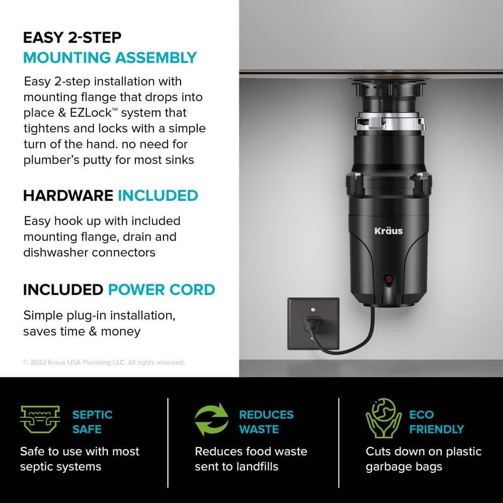 Kraus 1/3 HP WasteGuard High-Speed Ultra-Quiet Motor Garbage Disposal with Quick Connect Mount