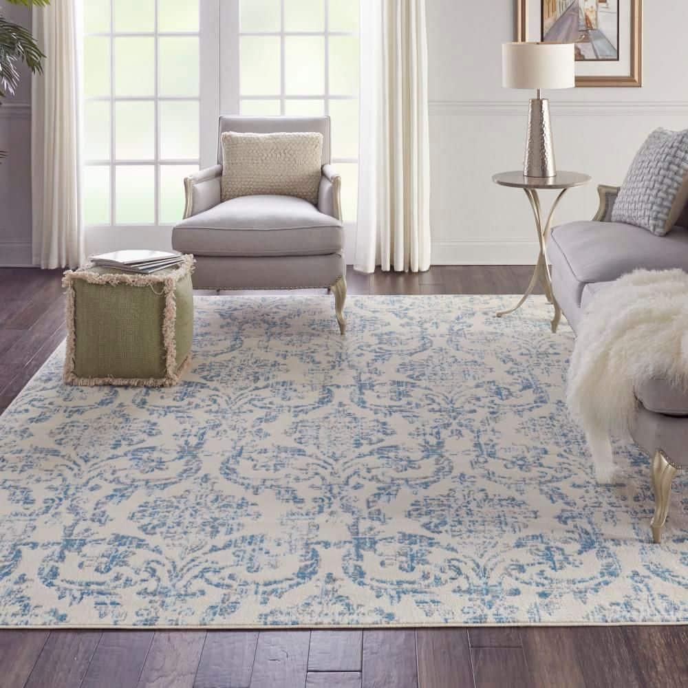 Jubilant JUB09 Area Rug Farmhouse Vintage Damask By Nourison Ivory Blue 7' x 10'