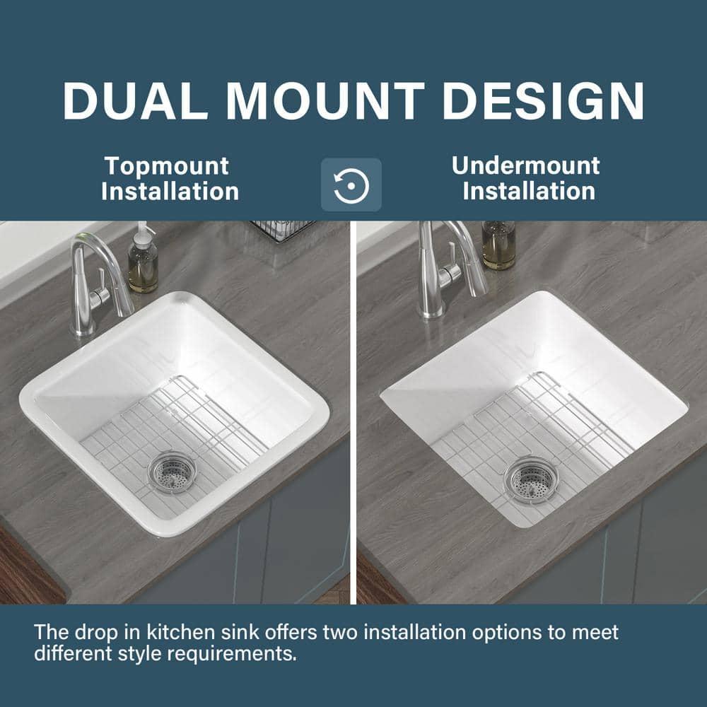 18" L x 18" W Single Bowl Fireclay Kitchen Sinks White with Bottom Grids and Basket Strainer