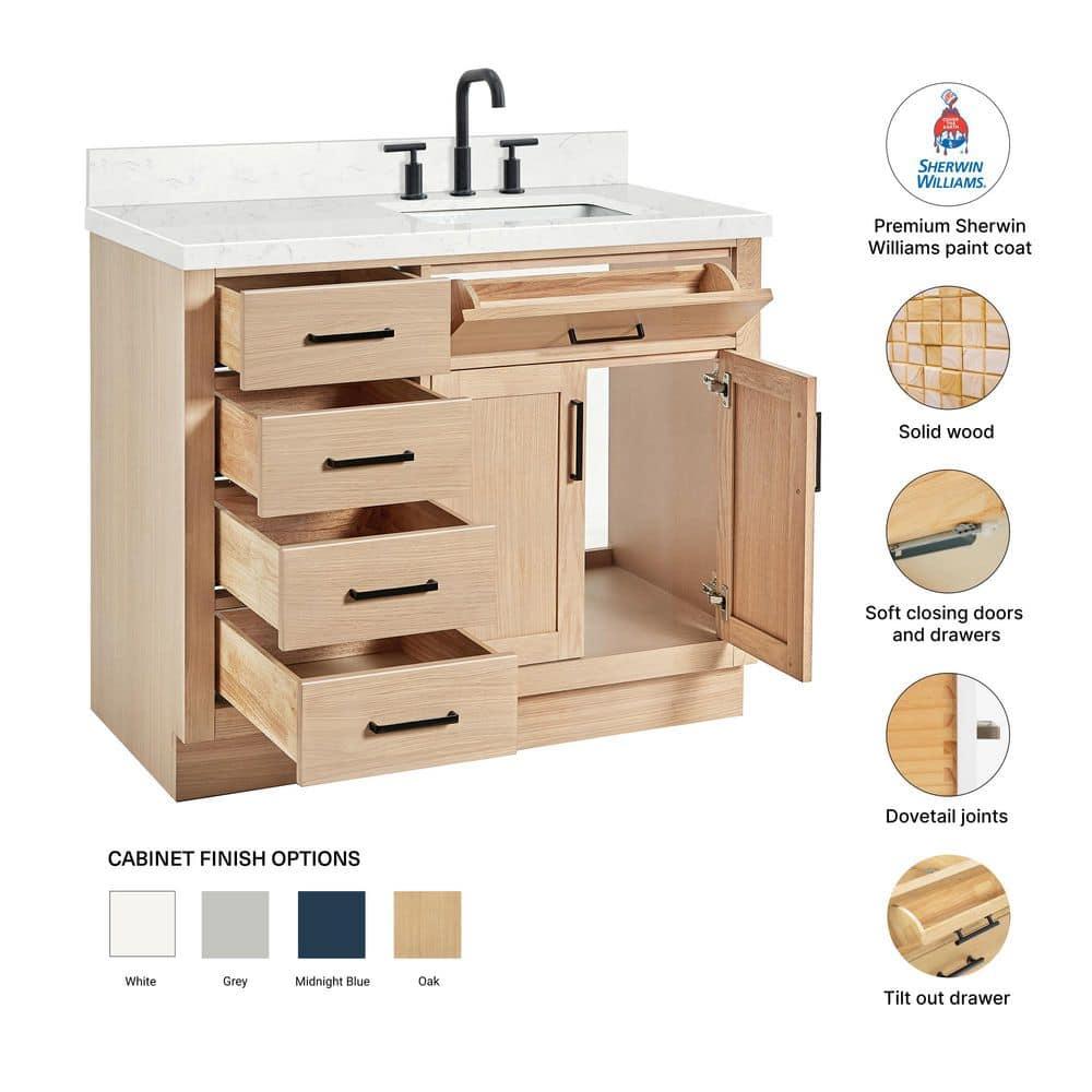 Wildon Home® Tidworth 42'' Solid Wood Single Bathroom Vanity with 1.5'' Carrara Quartz Top, Right Offset Rectangular Sink