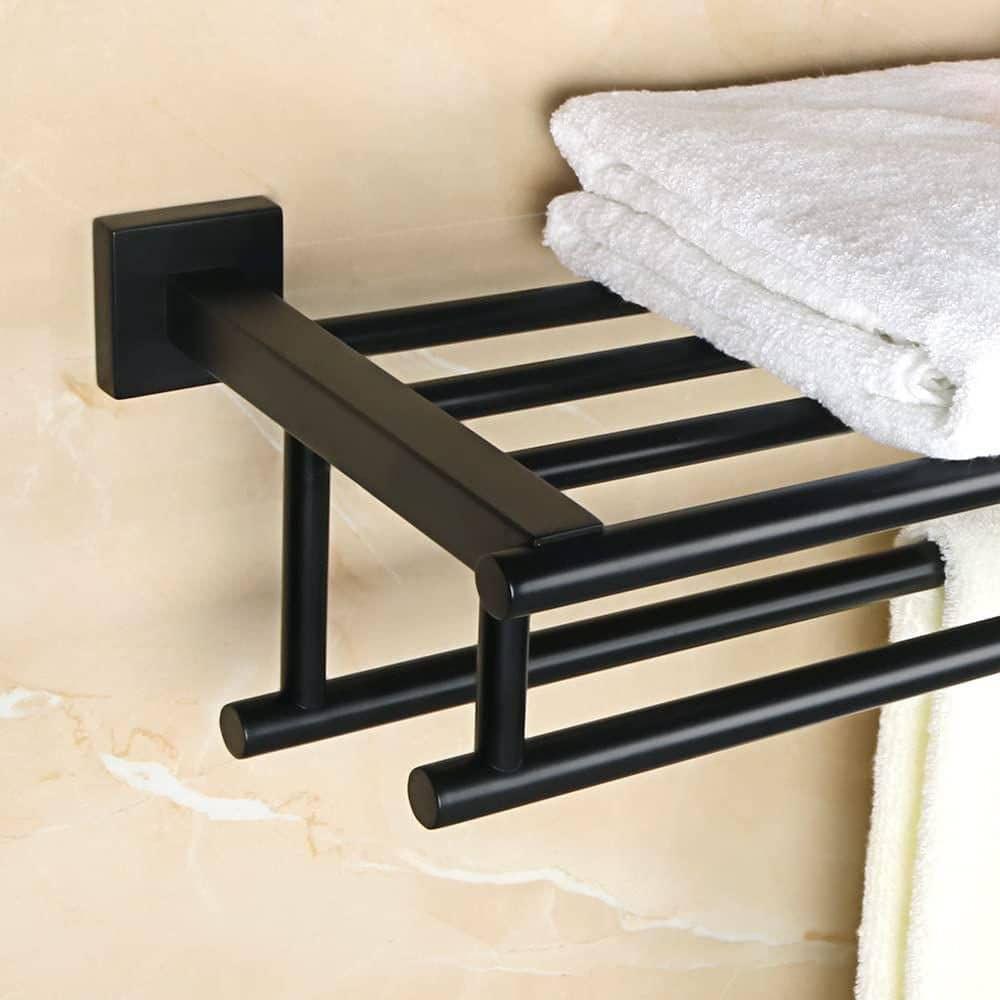 24 Inch Towel Racks for Bathroom, 2 Tire Bathroom Shelf with Towel Bar, Rustproof Wall Mounted Towel Rack SUS304 Stainless Steel, Bathroom Accessories Lavatory Towel Storage - Black