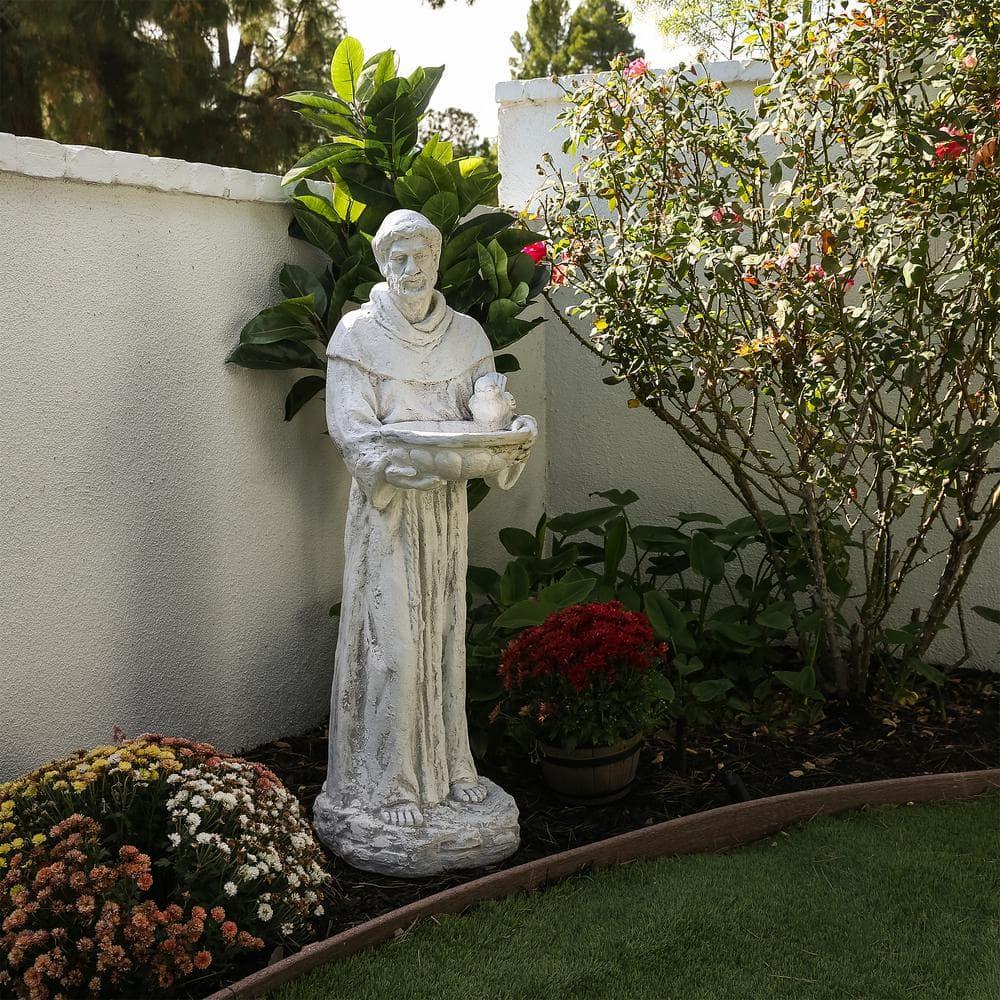 45 in. Tall Outdoor Saint Francis Birdbath Statue Yard Art Decoration, Light Gray