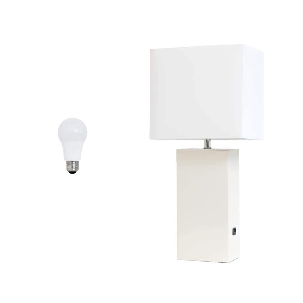 Lalia Home 21" Lexington Leather Base Modern Home Decor Bedside Table Lamp with USB Charging Port White : Fabric Shade