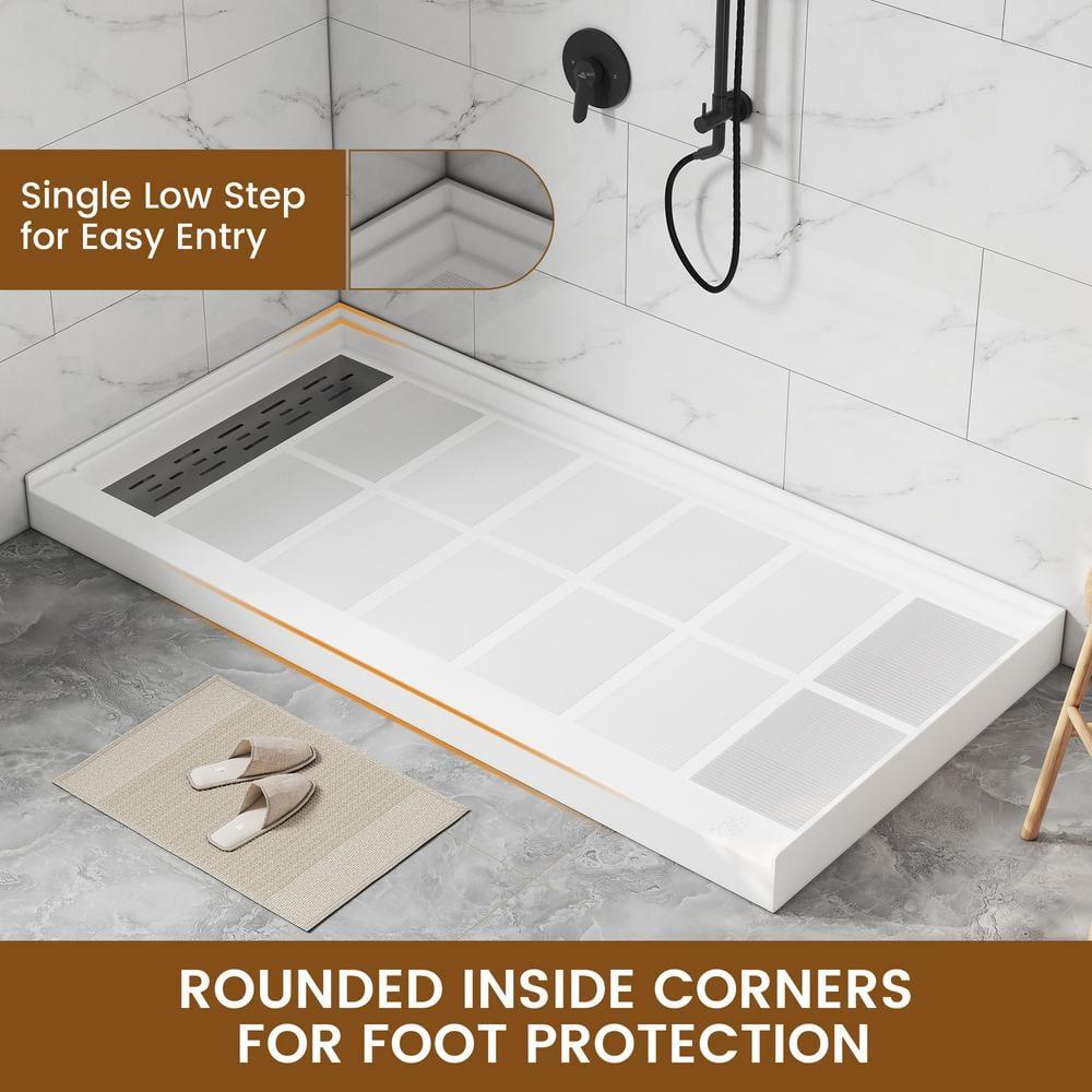 CASAINC 60"W 30/32"D Single Threshold SMC Shower Base Anti-Slip Shower Pan with Drain Assembly & Drain Cover CABR2501WH6030L