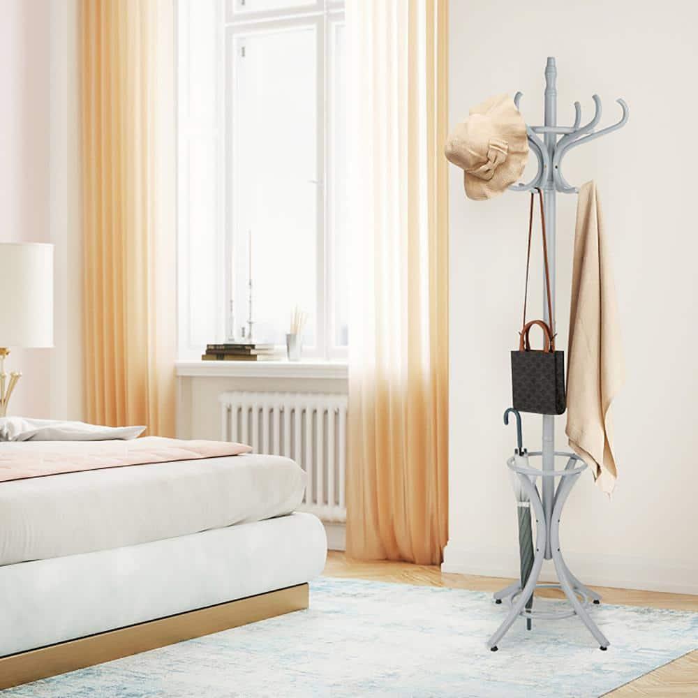 Tangkula 75.5" Standing Coat Rack, Wood Coat Tree with 12 Hooks, Home Hat Jacket Hanger Tree 12 with Umbrella Holder Coat Stand (Grey)
