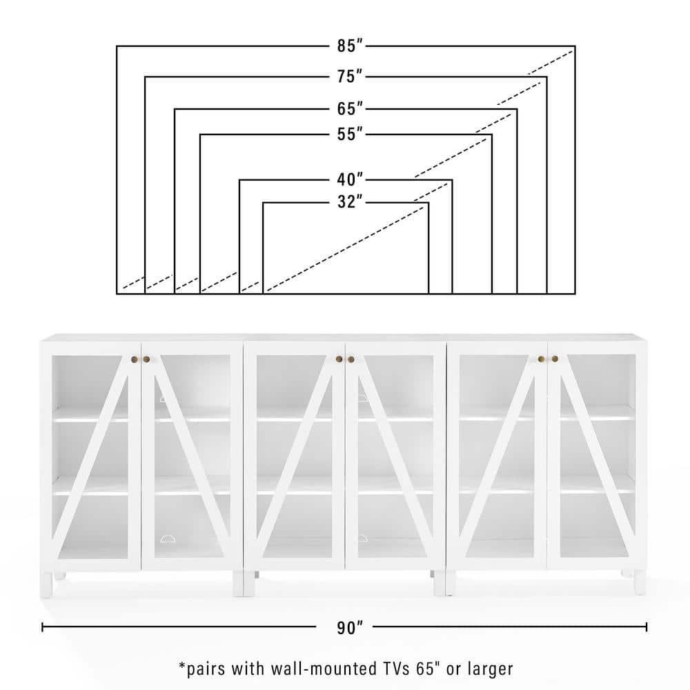 Crosley 90" Cassai 3pc Media Sideboard Cabinet Set of 3 Storage Pantries White: Modern Farmhouse Style, 9 Adjustable Shelves