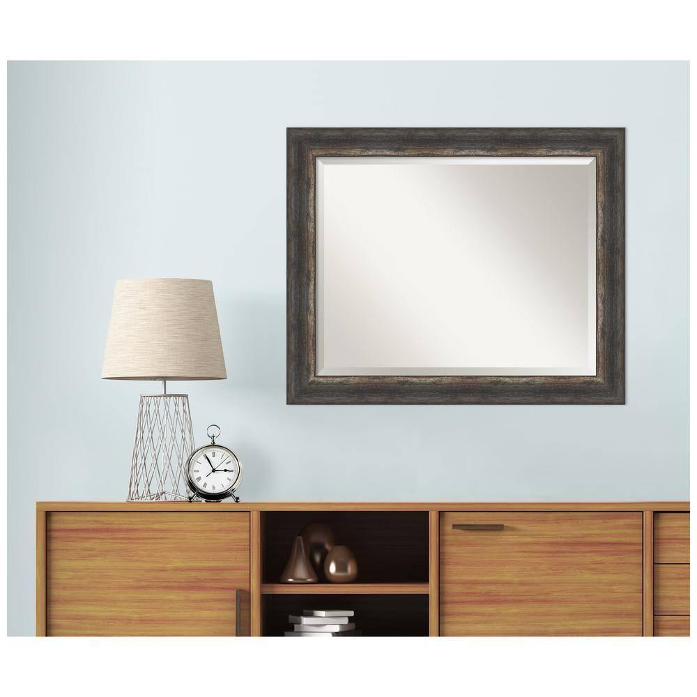 Amanti Art Beveled Bathroom Wall Mirror - Bark Rustic Char Frame Bark Rustic Char Outer Size: 33 x 27 in Silver, Brown, Black